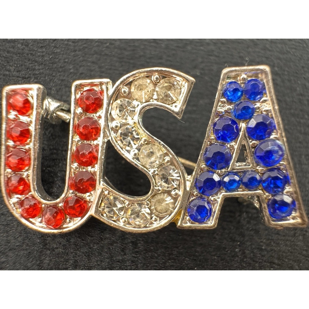 USA Rhinestone Brooch Red White Blue Patriotic Pin Gold Tone Vintage